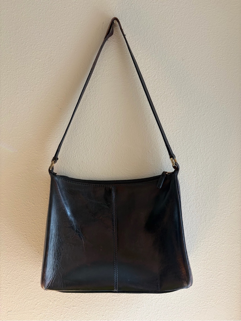 Vintage Fossil Black Leather Shoulder Bag Zip Top